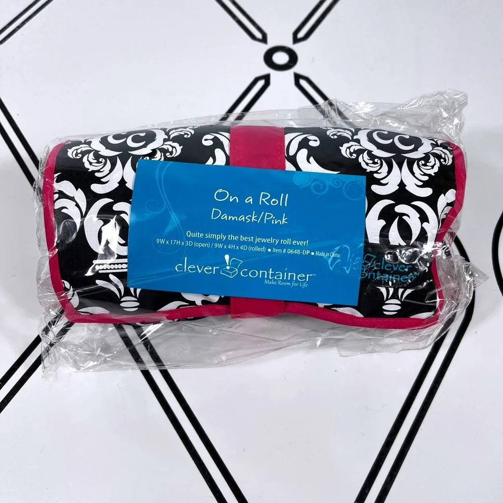 Jewelry Travel Organizer Roll Up‎ Bag On a Roll Damask Pink